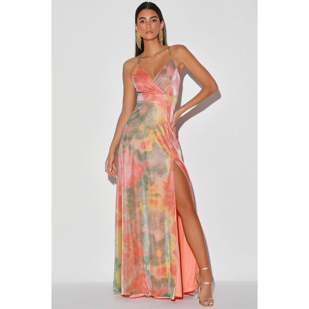 Lulus Whimsical Watercolors Coral Pink Multi Print Maxi Dress - Size M